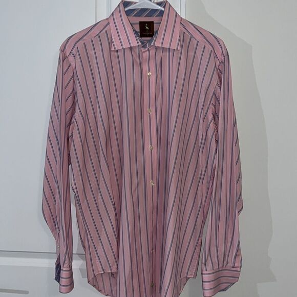 Beautiful Pink Blue stripe Tailorbyrd LS Party Button down shirt L w/ marks back - Picture 1 of 6